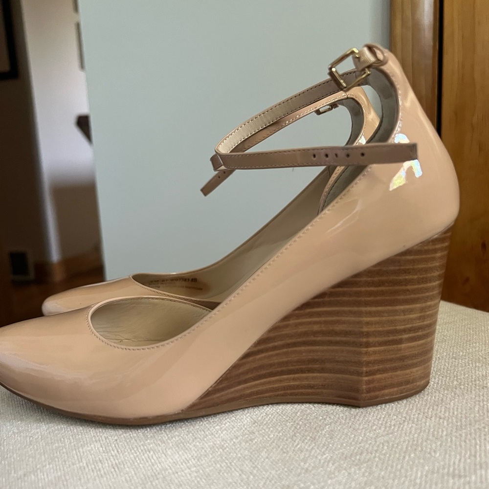 Cole Haan cream patent leather wedge heels with delicate ankle strap. Size 8